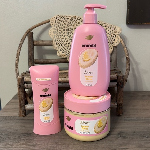 NEW Dove Crumbl Cookie Lemon Glaze Hand Soap, BODY SCRUB & LEMON GLAZE DEODORANT - Picture 1 of 8